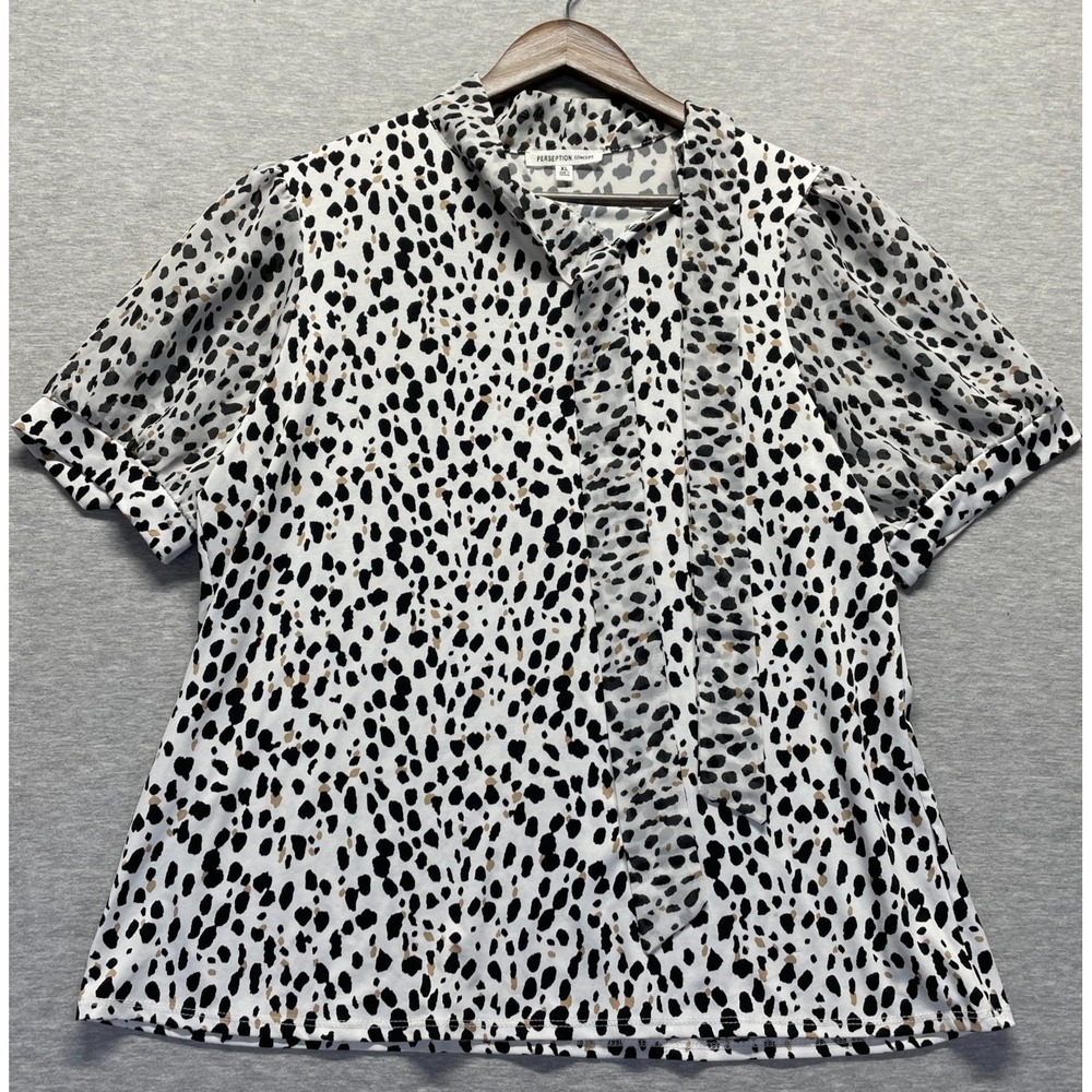 Perception Concept Blouse Top Womens XL White Dalmatian Print Stretch Tie Neck